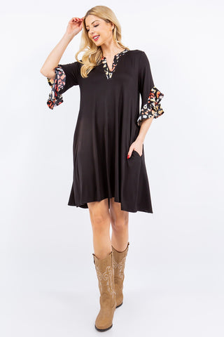 Flowy Ruffle Contrast Sleeve Flare Dress