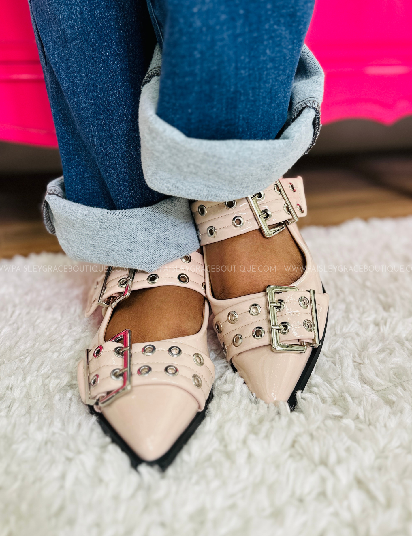 Rivets Buckle Flats - Nude - LAST ONES FINAL SALE