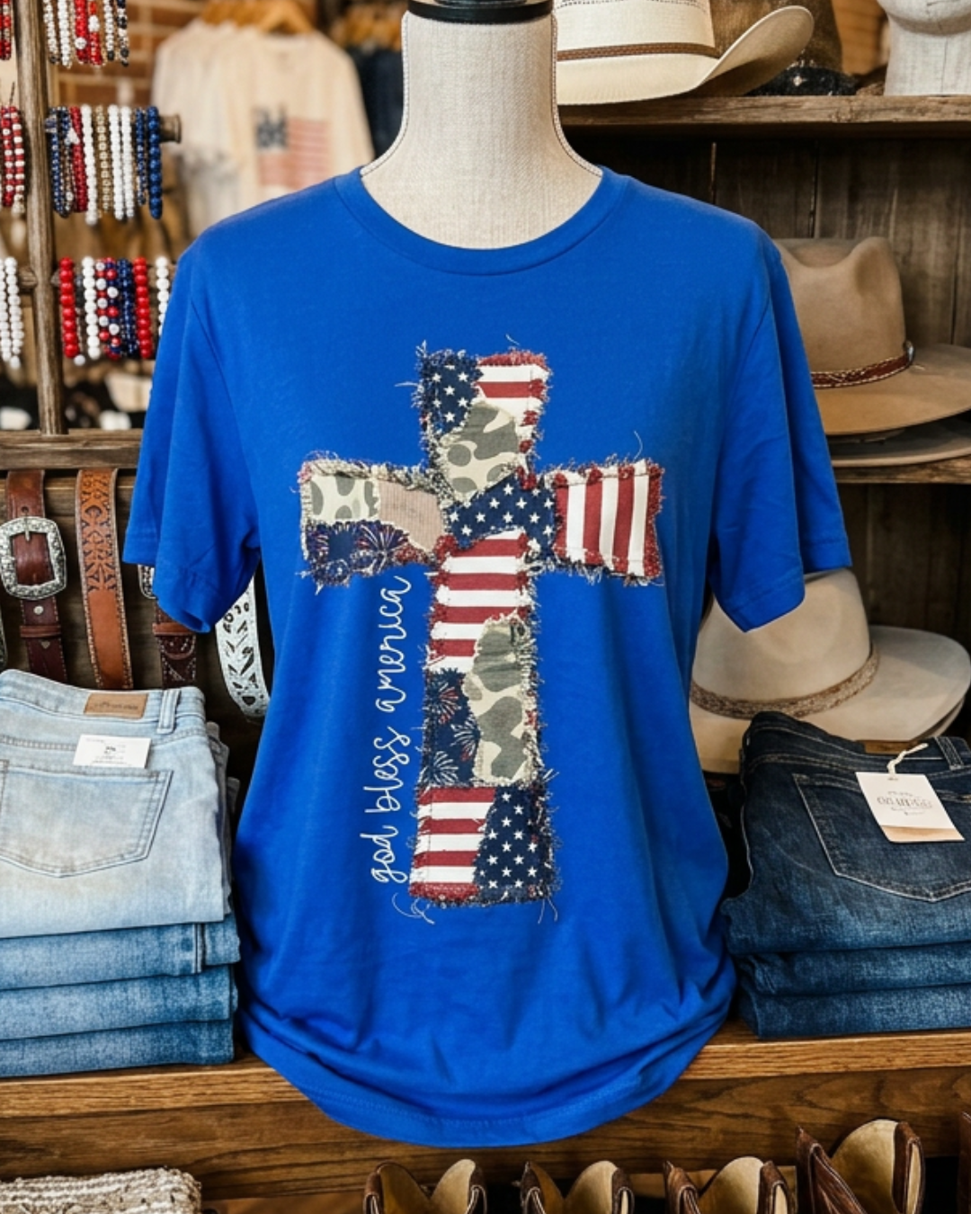 God Bless America Cross Faux Patch Tee - Blue