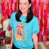 Glitter Print Cheetah on Puff Sleeve Tee - Mint  - PREORDER