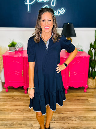 Sandra Dee Navy Striped Trim Dress