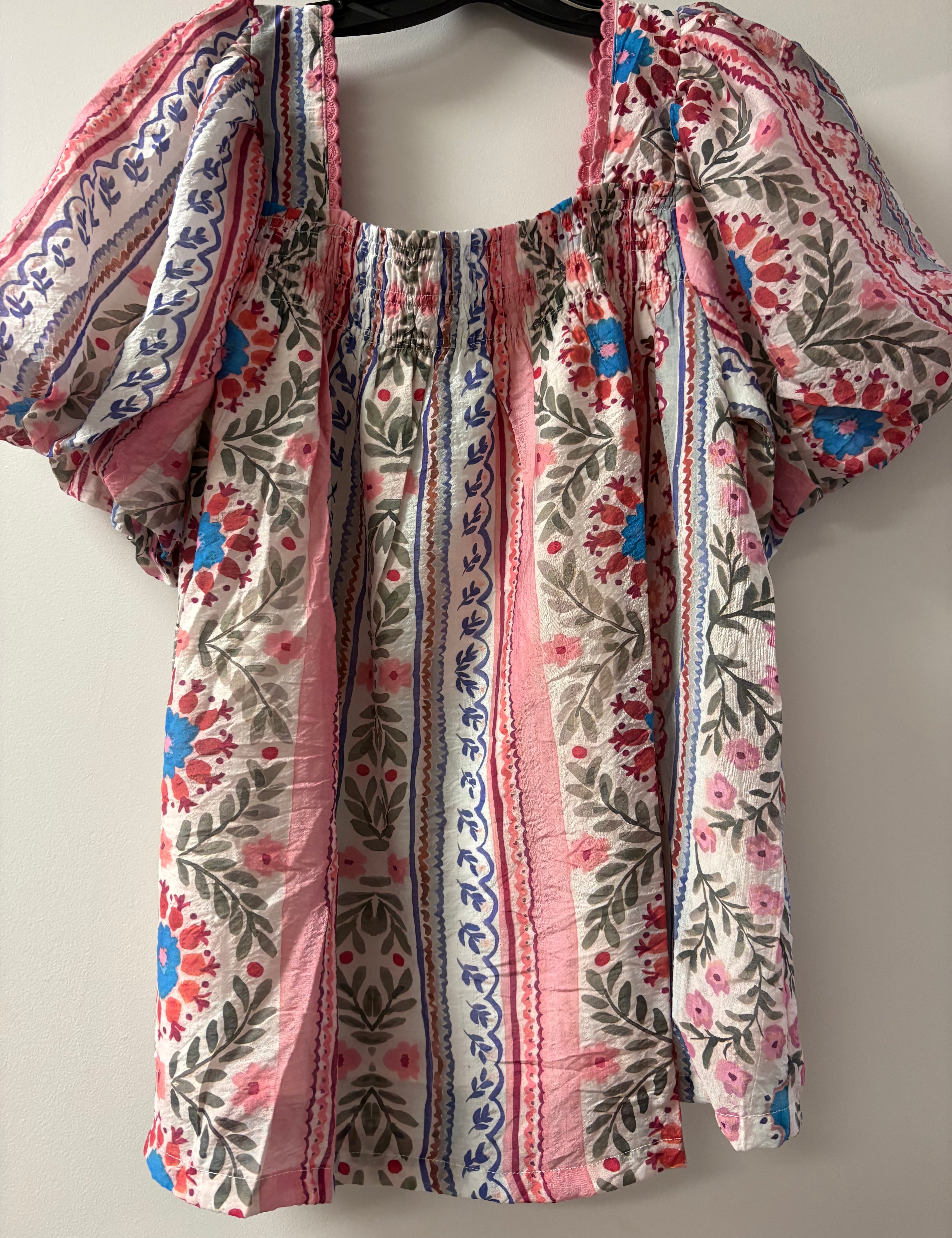 Patchwork Puff Sleeve Smocked Top