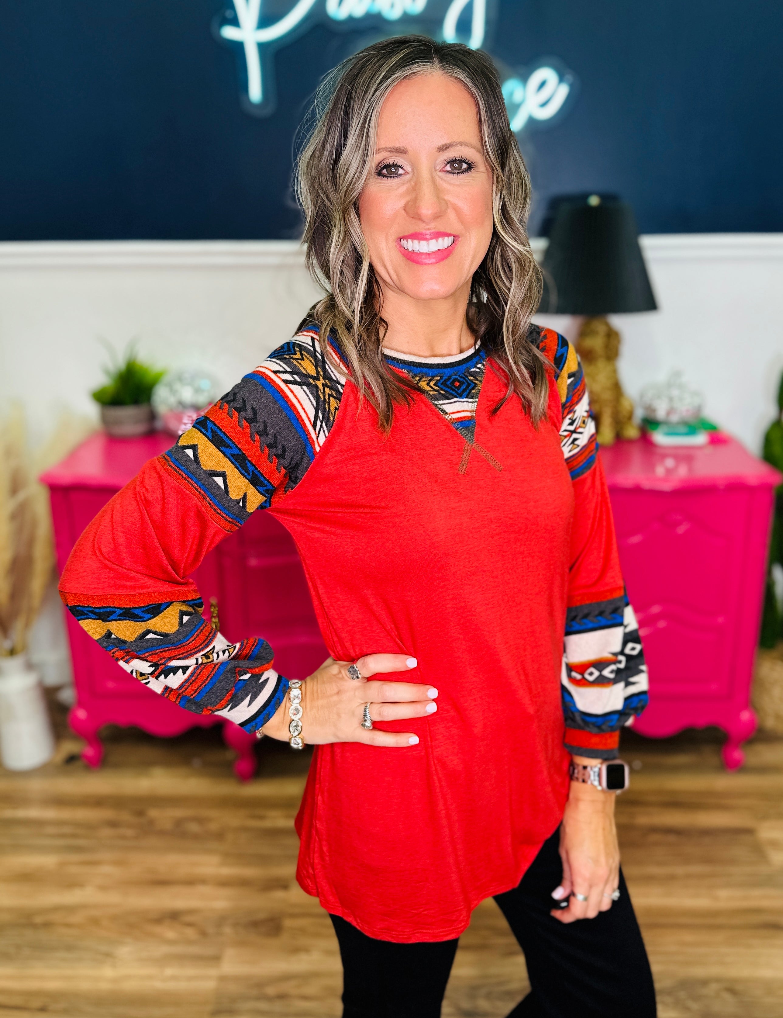 Solid Aztec Print Long Sleeve Top - Rust Aztec - LAST ONES FINAL SALE