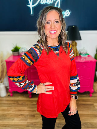 Solid Aztec Print Long Sleeve Top - Rust Aztec
