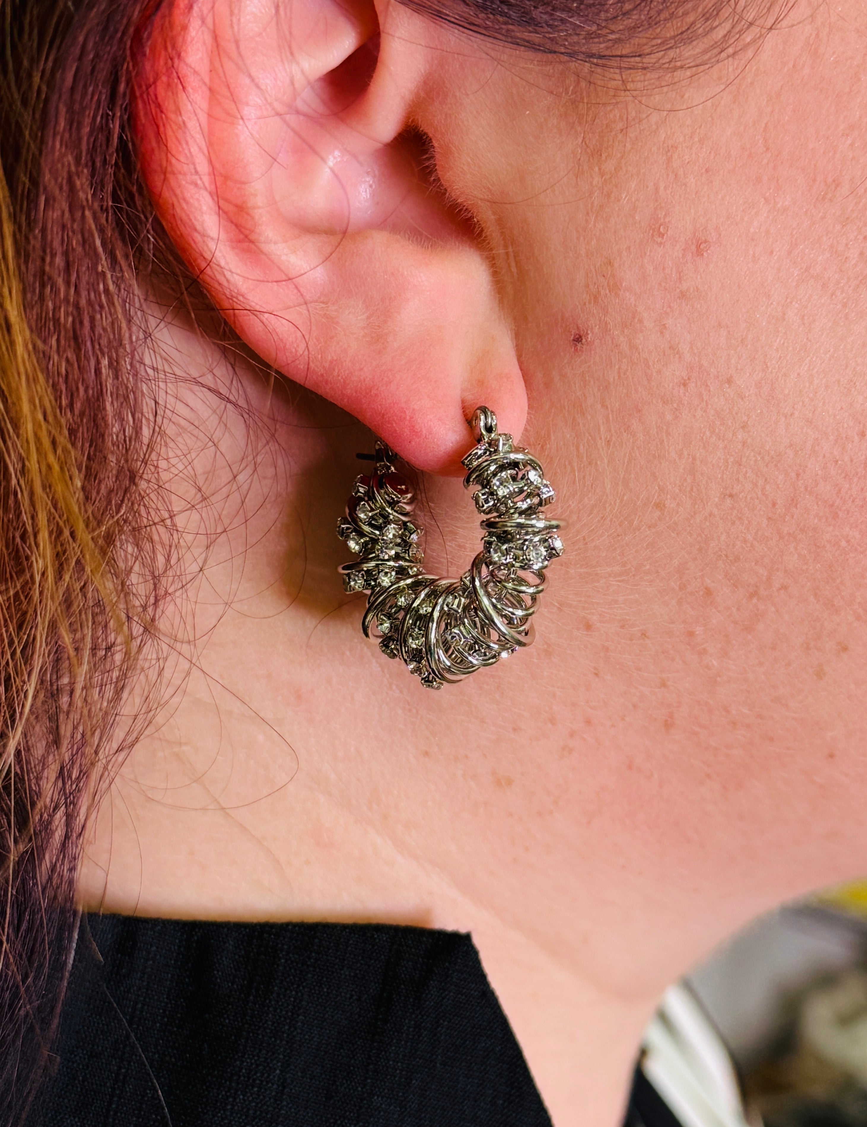 Silver Spiral & Crystal Hinge Hoop