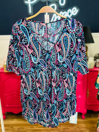 Criss-cross Neckline Paisley Print Top