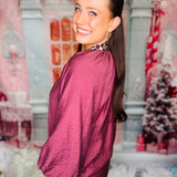 Plum Puff Sleeve Top With Leopard Detail - LAST ONES FINAL SALE