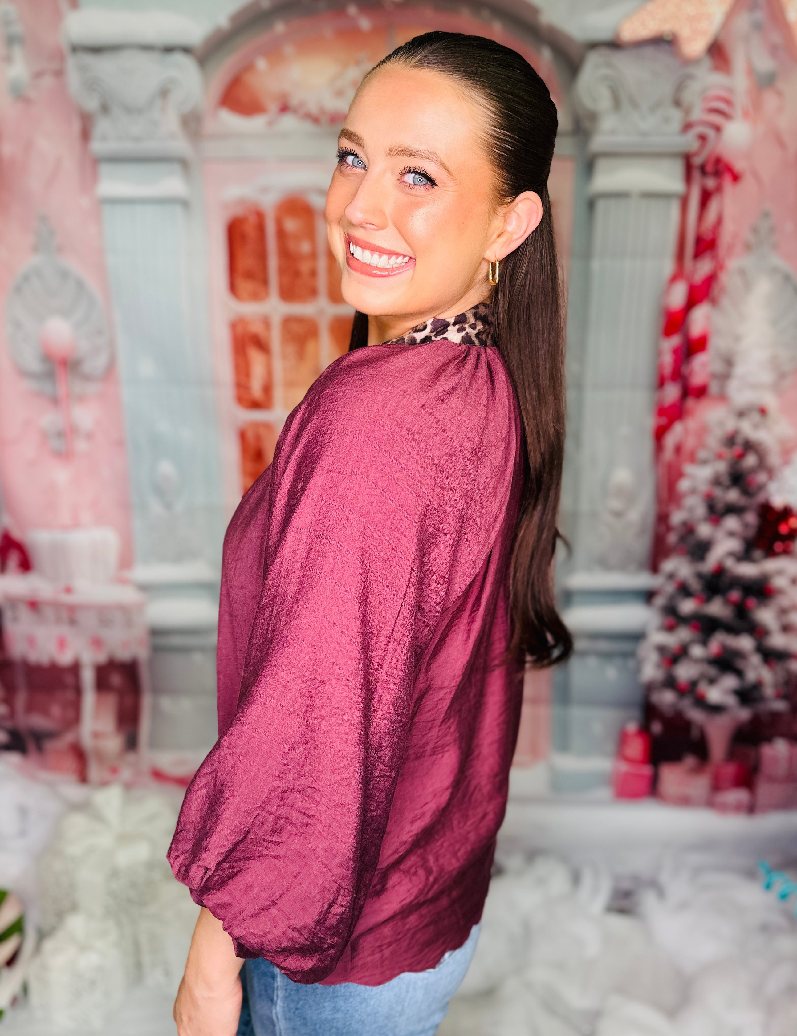 Plum Puff Sleeve Top With Leopard Detail - LAST ONES FINAL SALE