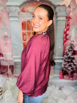 Plum Puff Sleeve Top With Leopard Detail