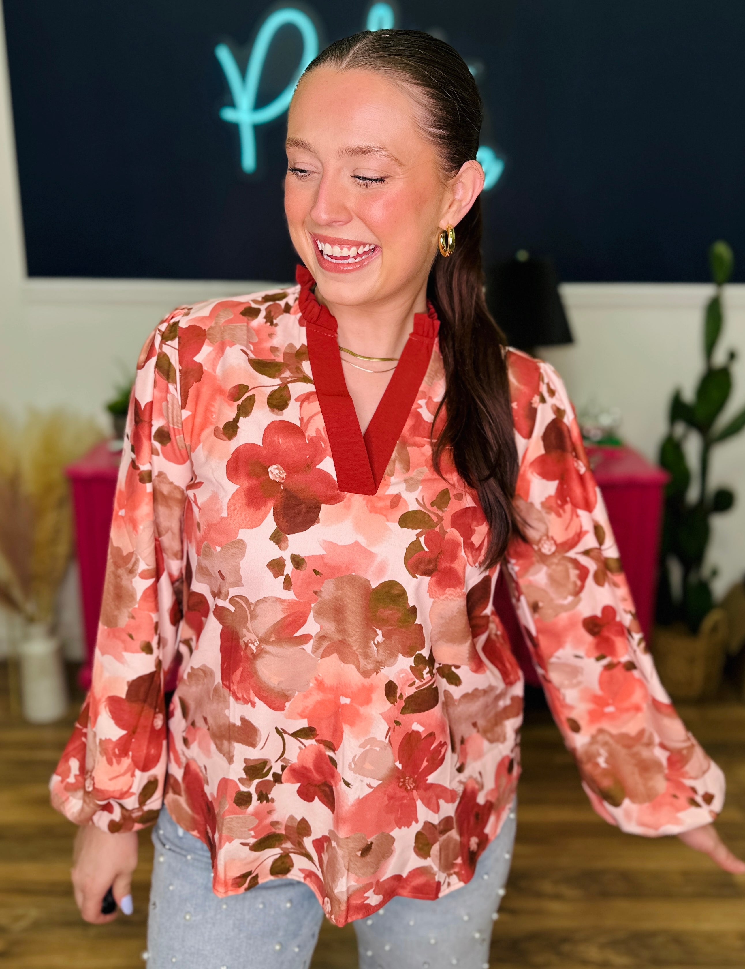 Cranberry Rust Floral Long Sleeve Top - LAST ONES FINAL SALE