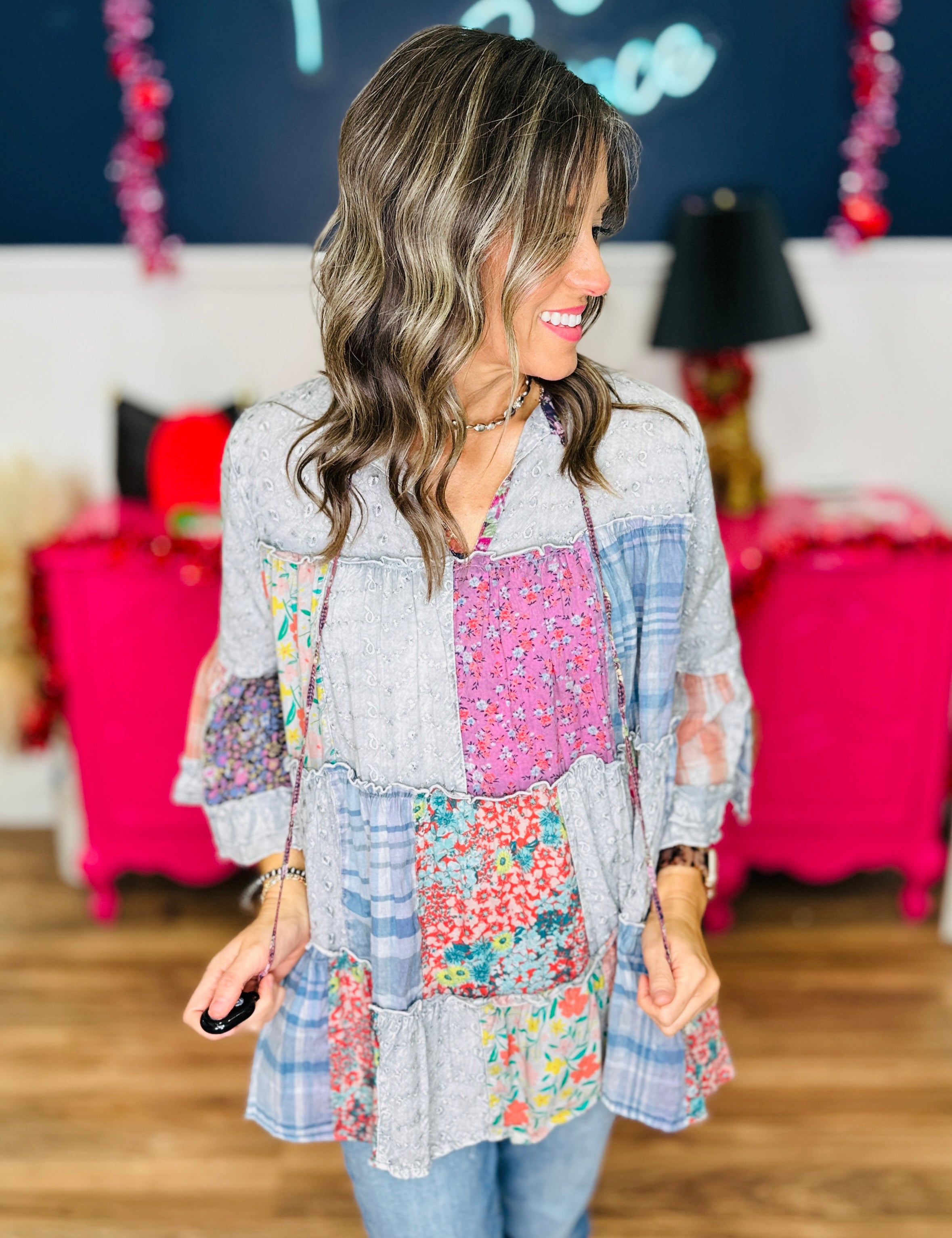 Multi Print Patchwork Top - Grey