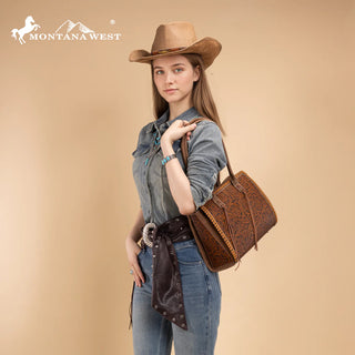Montana West Tooled Concealed Carry Tote - Brown