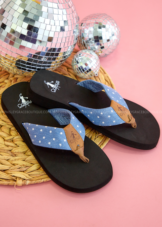 Summer Break Flip Flops by Corkys - Blue Denim Stars