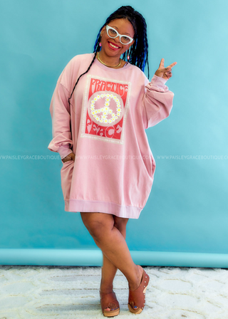 Practice Peace Sweatshirt Dress  - Pink