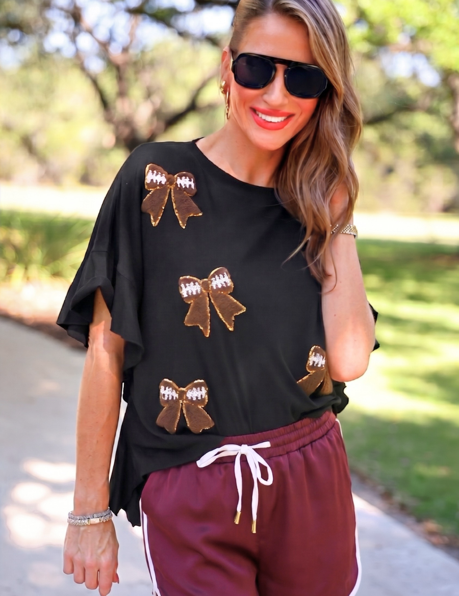 PREORDER- Sideline Sparkle Ruffle Top- Black