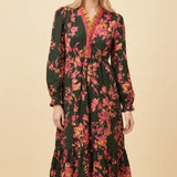 Floral Ruffle Neck Smocked Waist Midi Dress - PREORDER
