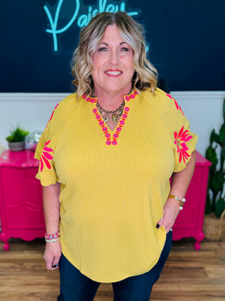 Marigold Ribbed Top With Embroidered Detail