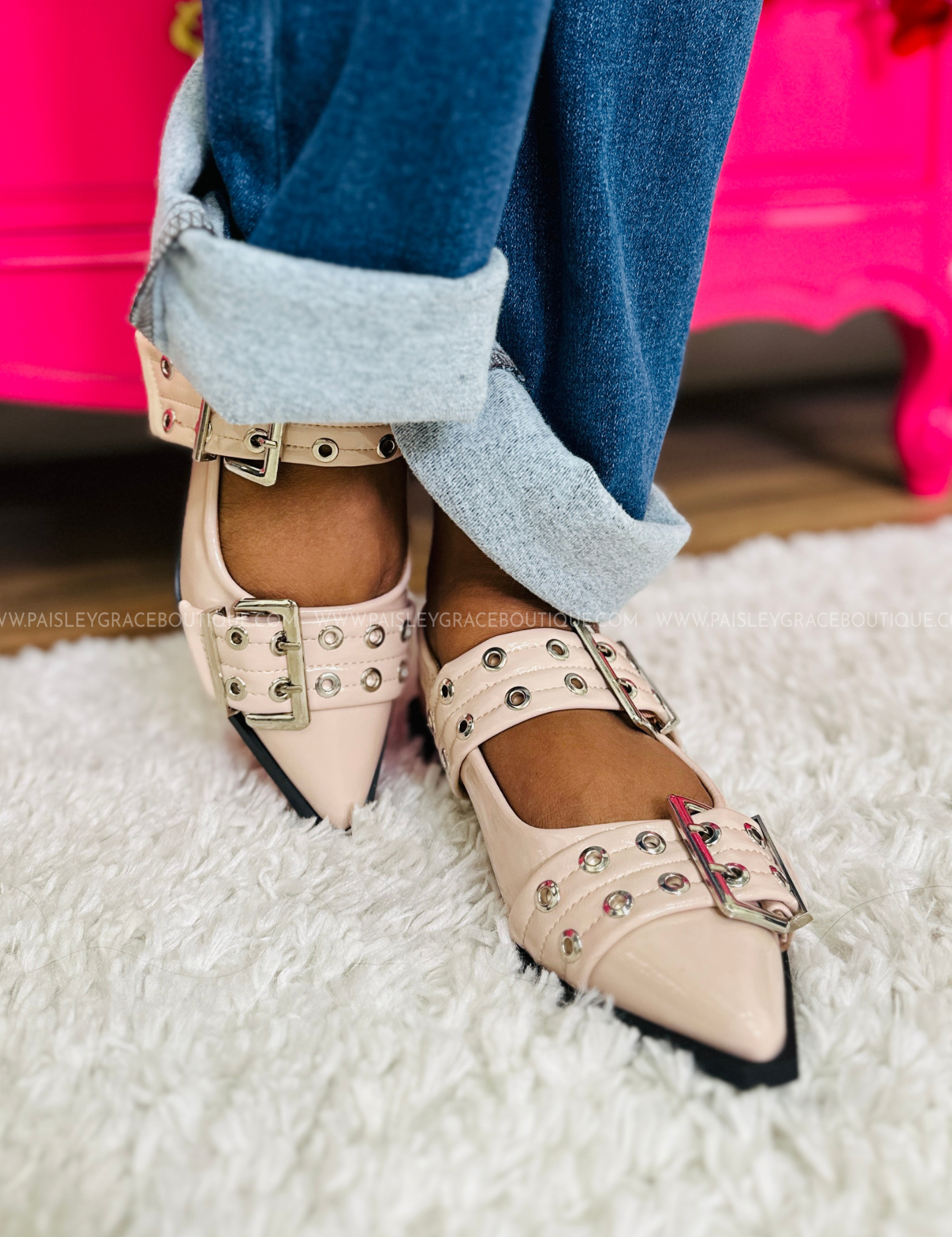 Rivets Buckle Flats - Nude - LAST ONES FINAL SALE