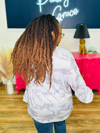 Oversized Grey Distressed Camo Long Sleeve Top