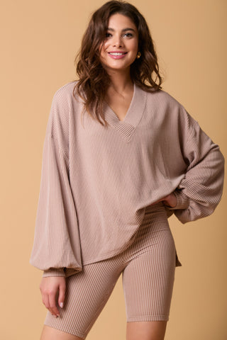 Two Tone Knit Jersey V-Neck Loose Fit Top