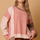 Color Block Heavy Knit Long Sleeve Top - Salmon Multi - LAST ONES FINAL SALE
