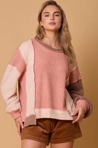 Color Block Heavy Knit Long Sleeve Top - Salmon Multi