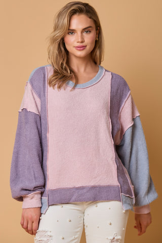 Color Block Heavy Knit Long Sleeve Top - Lavender Multi