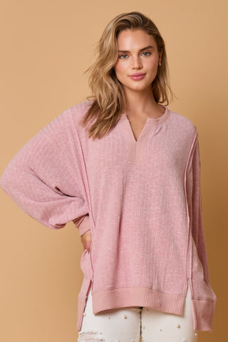 Two Tone Kinit Rib Loose Fit Long Sleeve Top
