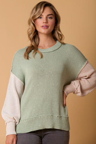 Sequins Yarn Color Block Sweater - Dusty Mint Multi