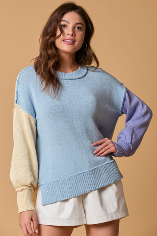 Sequins Yarn Color Block Sweater - Lt Blue Multi