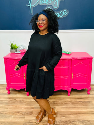 Waffle Knit Long Sleeve Dress - Black