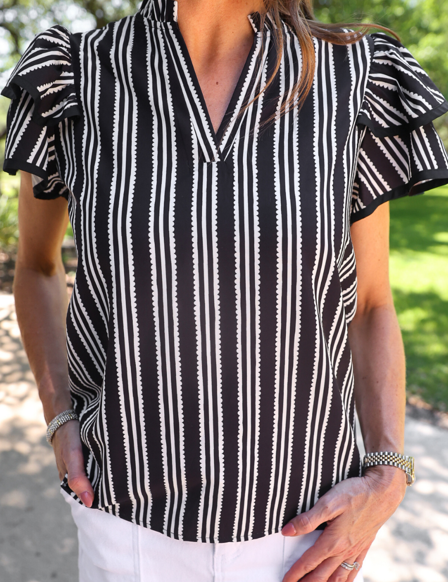 PREORDER- Layla Striped Flutter Sleeve Blouse- Black