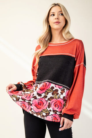 Color Block And Floral Print Top