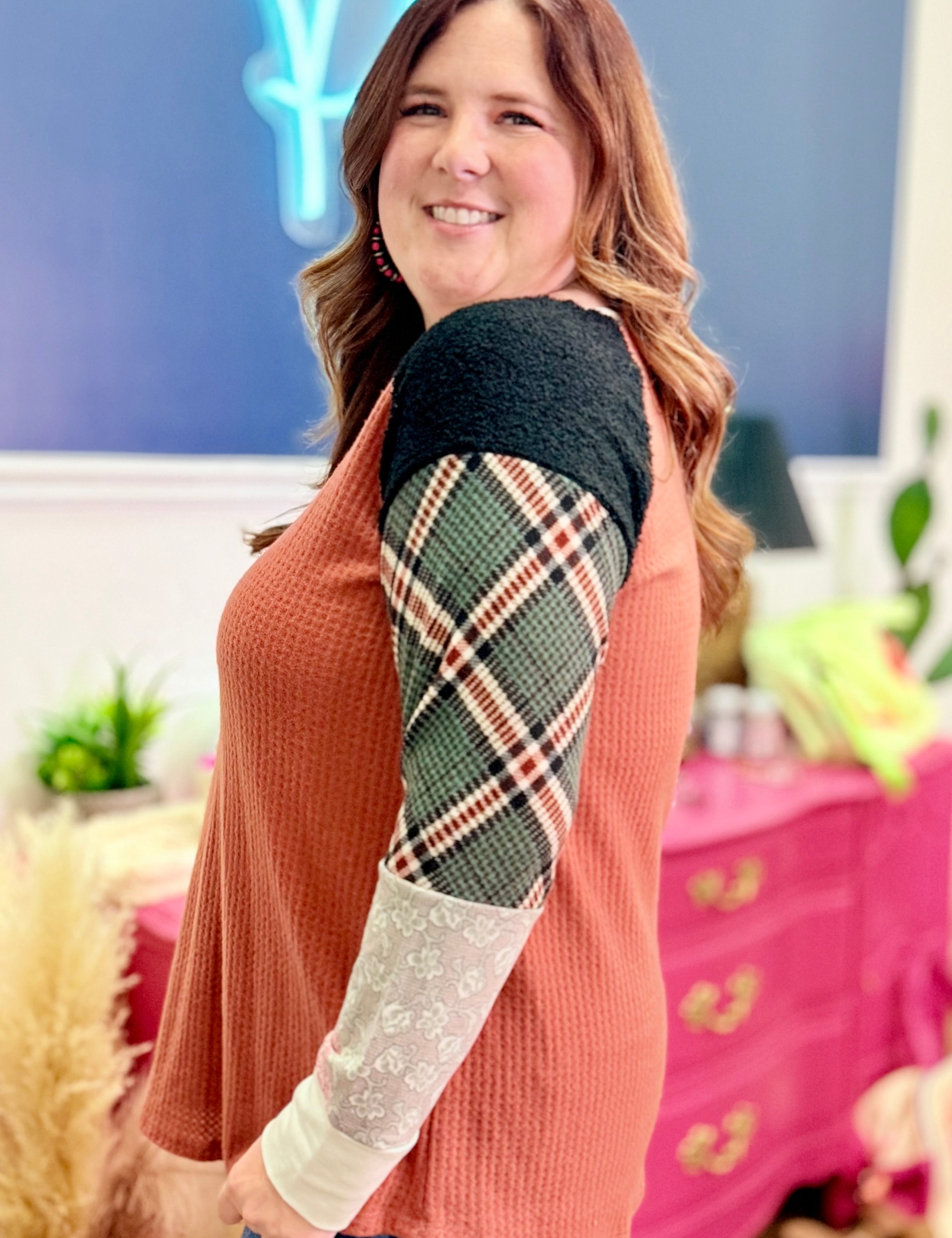 Rust Waffle Knit Long Sleeve Multi Print Top - LAST ONES FINAL SALE
