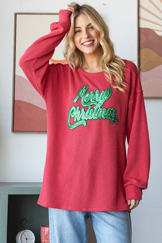 Long Sleeve Urban Ribbed Christmas Patch Top