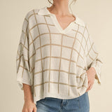 Windowpane Check 3/4 Sleeves Knit Top - Taupe/Ivory - FINAL SALE