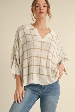 Windowpane Check 3/4 Sleeves Knit Top - Taupe/Ivory - FINAL SALE