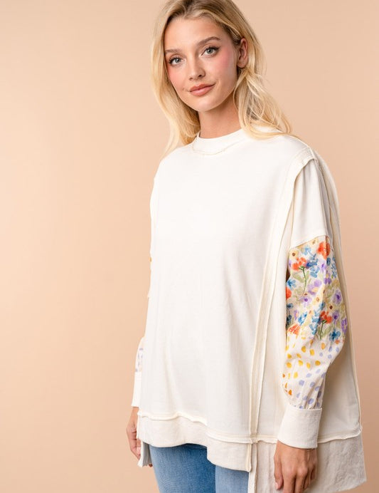 Long Floral Print Sleeve Solid Knit Top