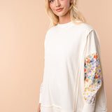 Long Floral Print Sleeve Solid Knit Top