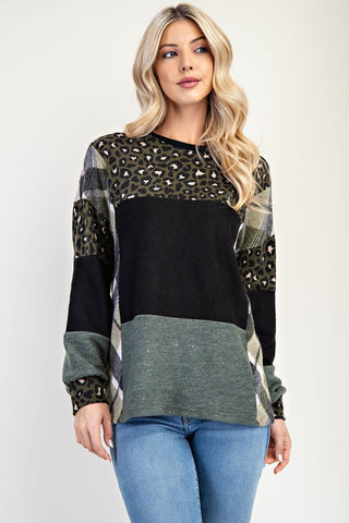 DEAL - Animal Print Color Block Long Sleeve Top - Olive Leopard