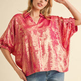 Metallic 1/2 Dolman Sleeves Top -Fuchsia - FINAL SALE