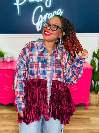 Velvet Ruffle Hem Bleached Plaid Shirt