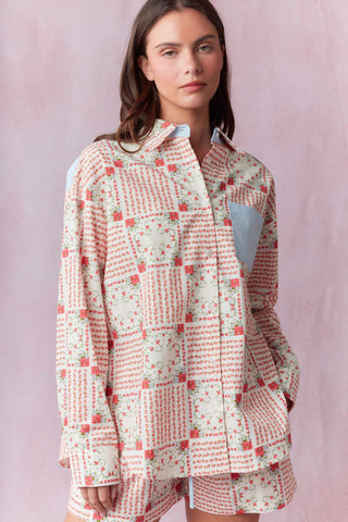 Multi Floral Block Printed Cotton Poplin Shirt - Pink/Blue/Multi  - PREORDER