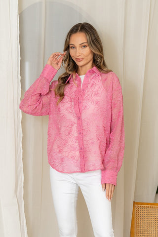 Long Sleeve Shimmering Sheer Shirt Floral Top  - PREORDER