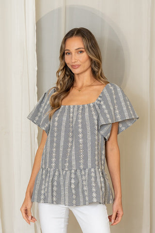 Fluttery Short Sleeve Square Neck Eyelet Top  - PREORDER