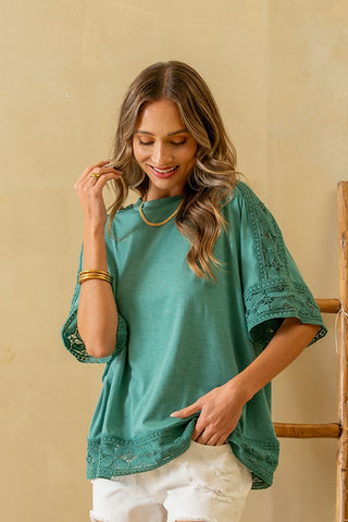 Relaxed Fit 1/2 Sleeve With Lace Detail Top - Jade  - PREORDER