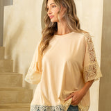Relaxed Fit 1/2 Sleeve With Lace Detail Top - Peach - FINAL SALE