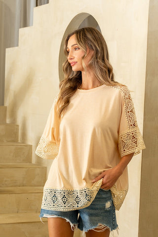 Relaxed Fit 1/2 Sleeve With Lace Detail Top - Peach  - PREORDER
