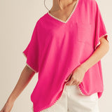 Shell Stitch Accent Loose Fit Top - Hot Pink - FINAL SALE
