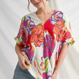 Drop Shoulder Big Floral Top - Red - FINAL SALE